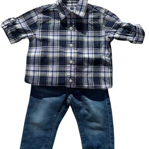 Janie and Jack Navy Outfit - Plaid Button Down Shirt with tie Jeans